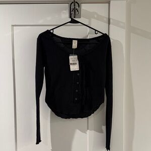 Free People Black Long-Sleeve Button-Front Henley